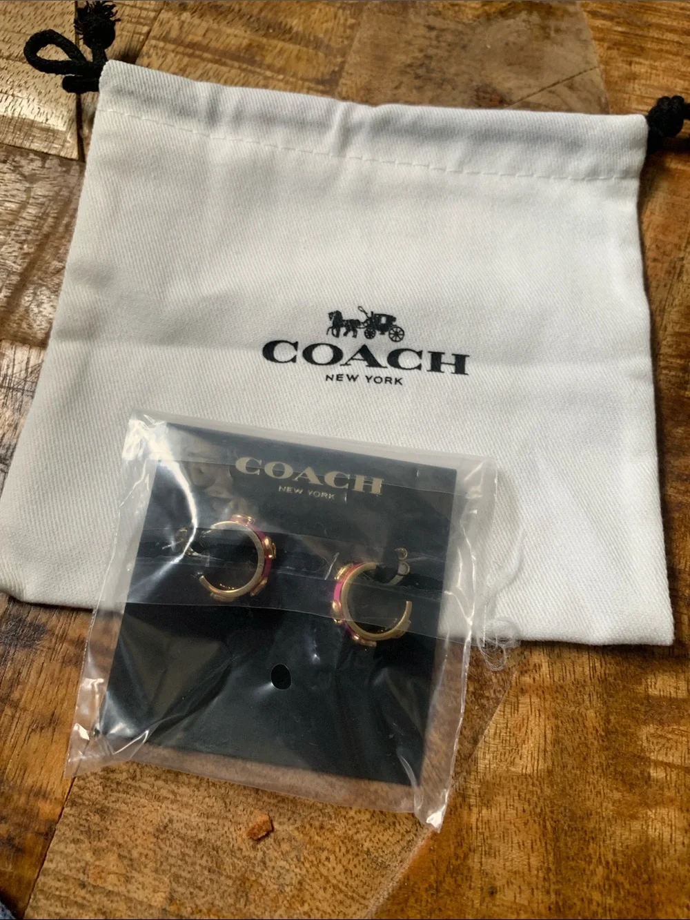 Coach Gold-Tone Hoop Earrings with Pink Enamel Accent - Picture 7 of 7